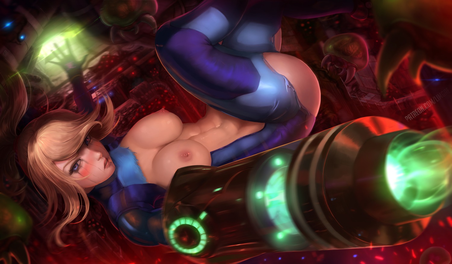 bodysuit breasts gun limgae metroid nipples no_bra samus_aran torn_clothes