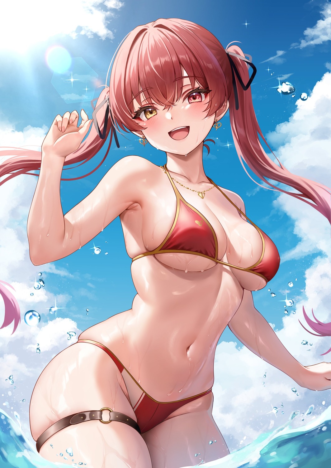 bikini erect_nipples garter heterochromia holika_baby hololive houshou_marine jpeg_artifacts swimsuits wet