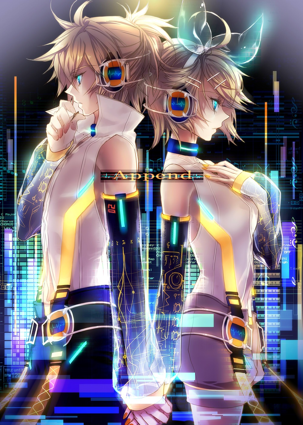 headphones kagamine_len kagamine_rin len_append rin_append vocaloid vocaloid_append yutif