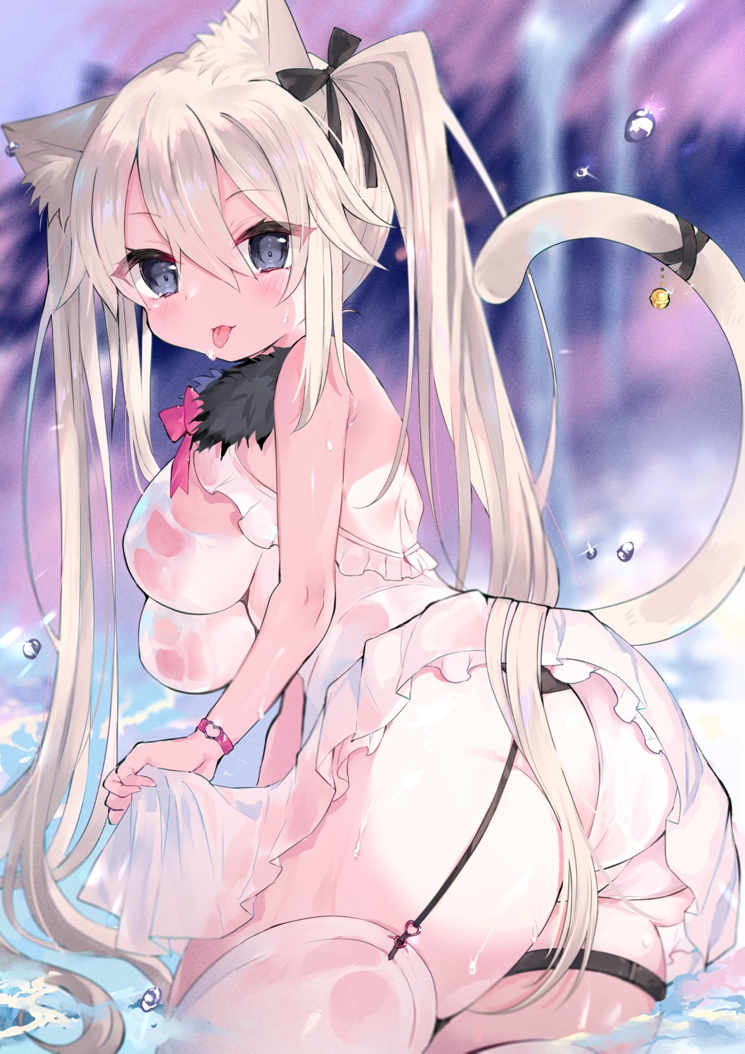 animal_ears ass garter nekomimi no_bra pantsu see_through skirt_lift stockings tagme tail thighhighs wet wet_clothes