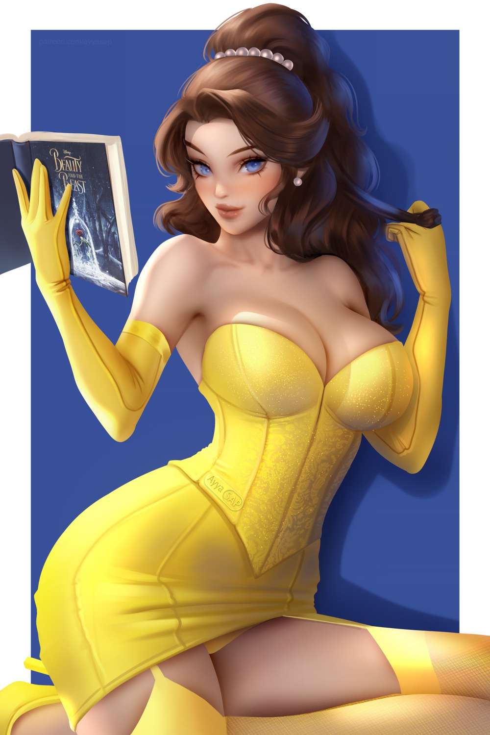 ayyasap beauty_and_the_beast belle_(disney) heels no_bra pantsu skirt_lift stockings thighhighs