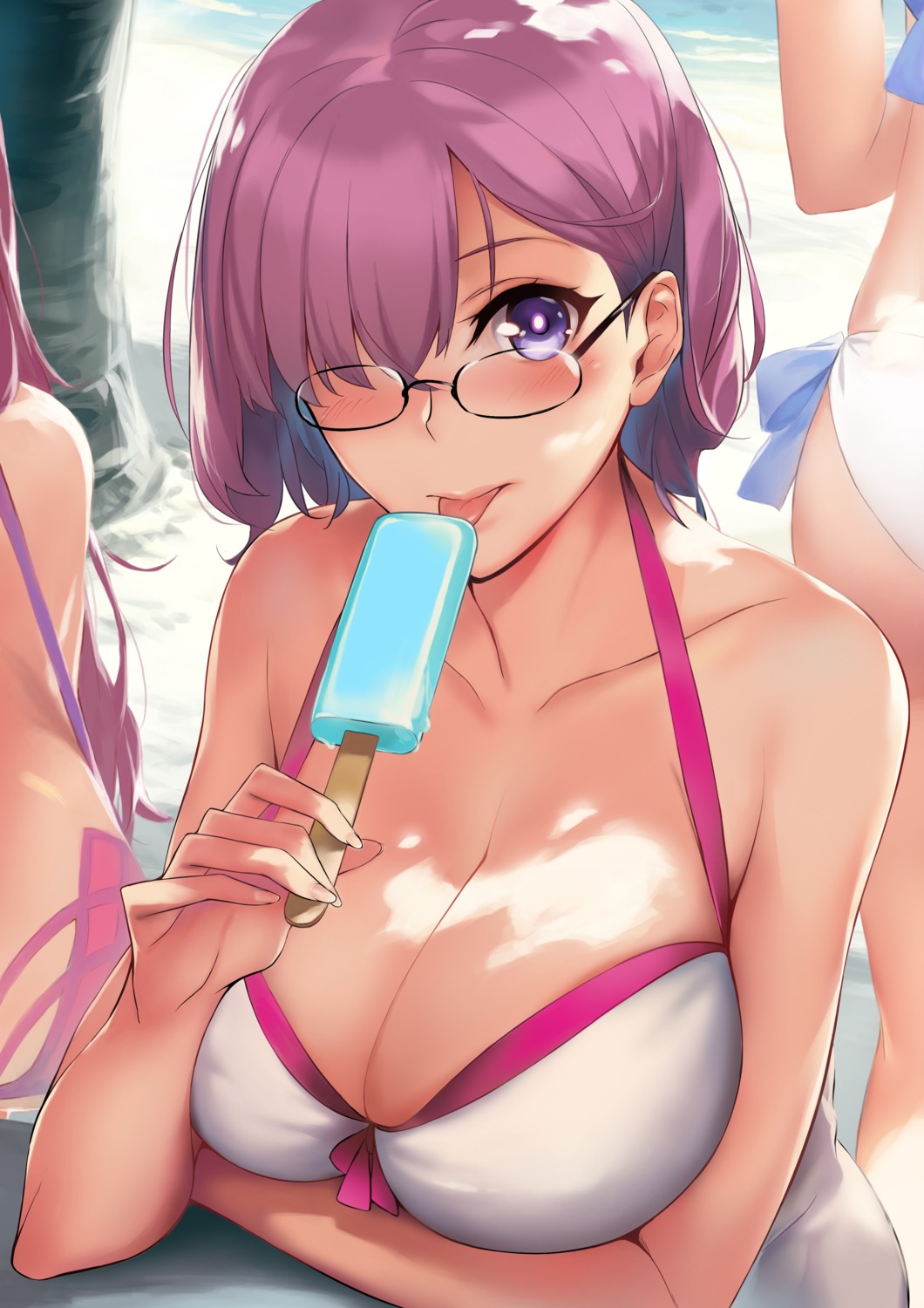 bikini_top breast_hold cleavage dress fate/grand_order knatb mash_kyrielight megane scathach_(fate/grand_order) swimsuits