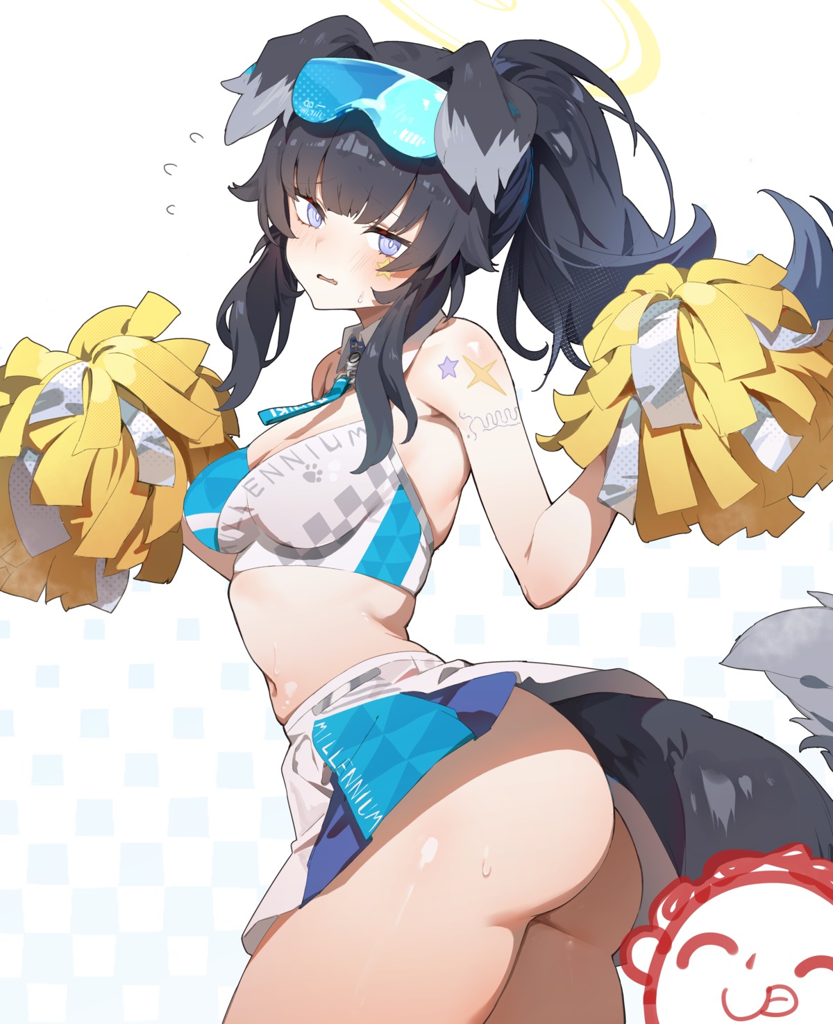 animal_ears ass blue_archive cheerleader halo inumimi nekozuka_hibiki nopan simao_(x_x36131422) skirt_lift tail tattoo