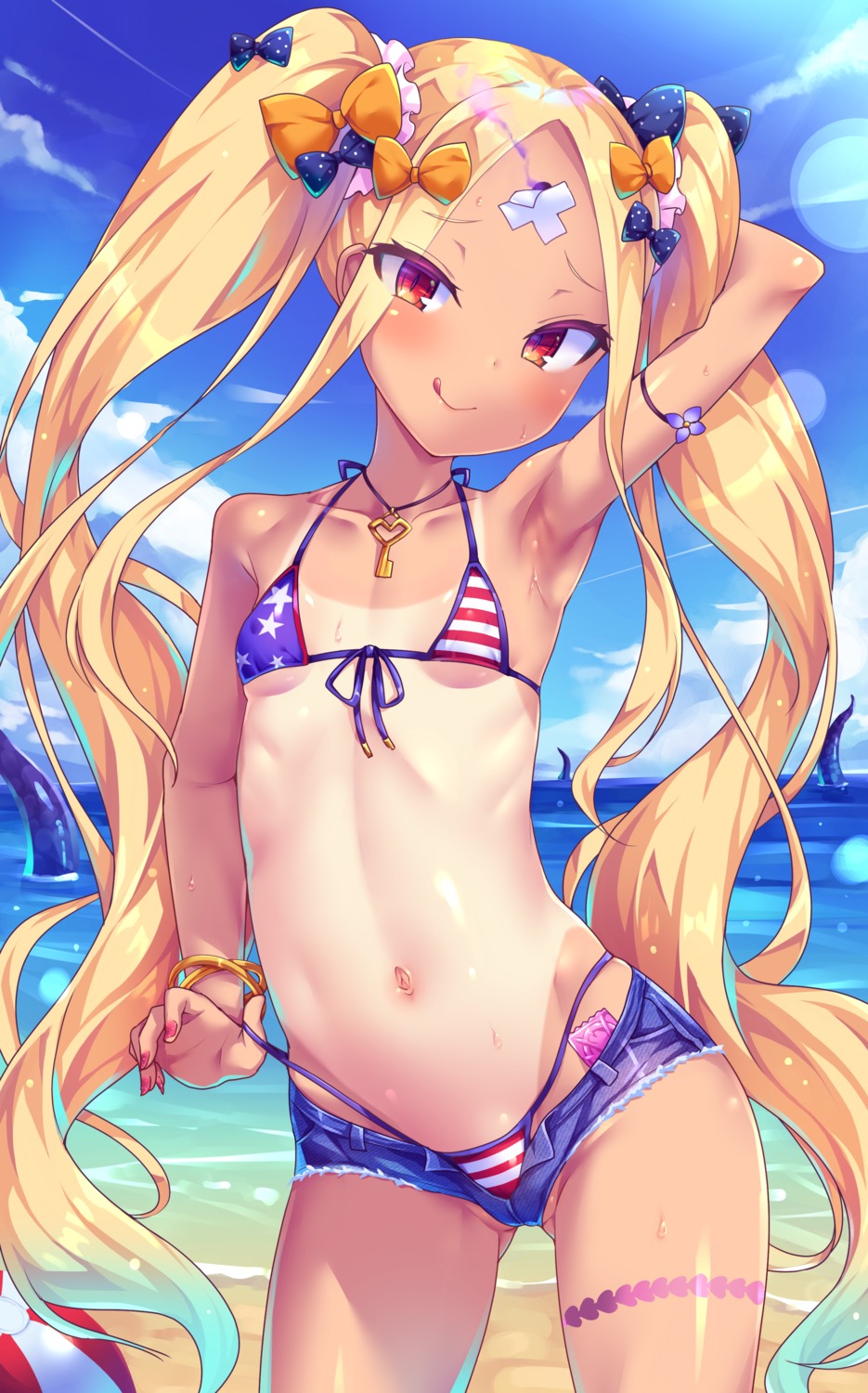 abigail_williams_(fate) bandaid bikini erect_nipples fate/grand_order garter loli swimsuits tan_lines toraishi_666 undressing