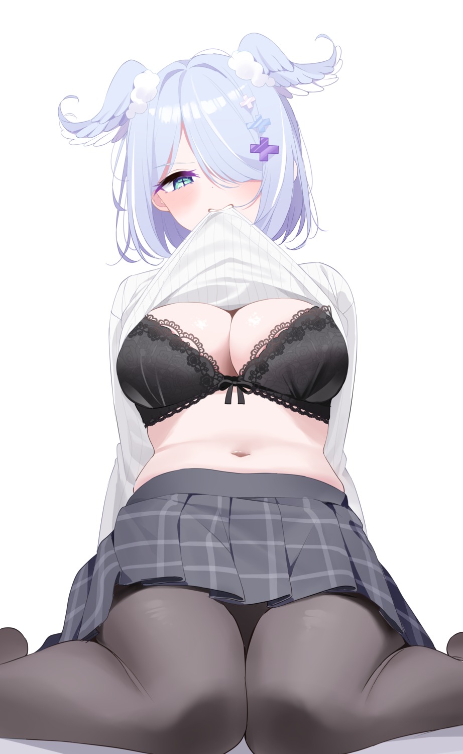 bra deyui elira_pendora nijisanji nijisanji_en pantyhose shirt_lift sweater wings