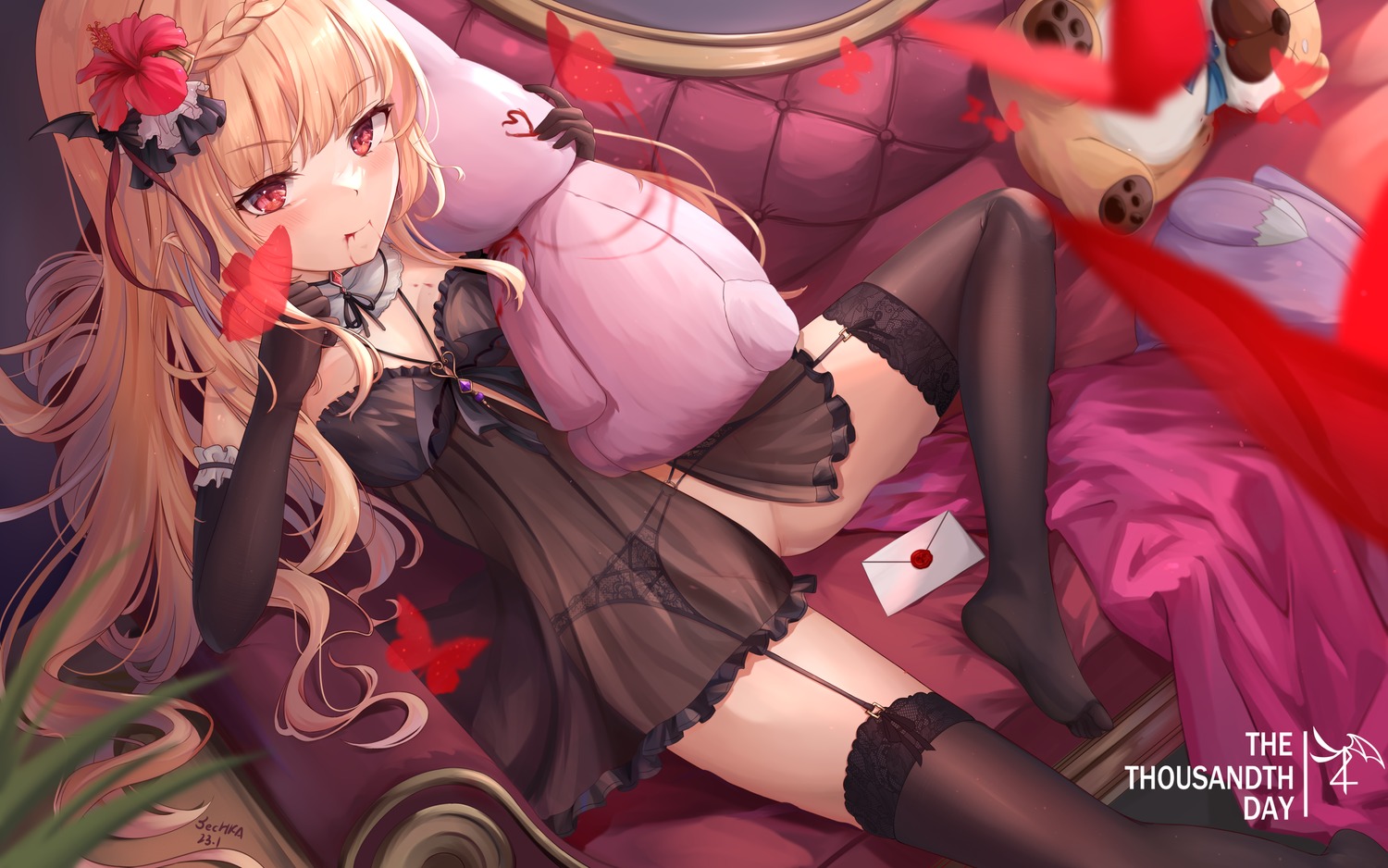 blood devil garter_belt lingerie loli nopan pointy_ears sechka see_through stockings thighhighs wings