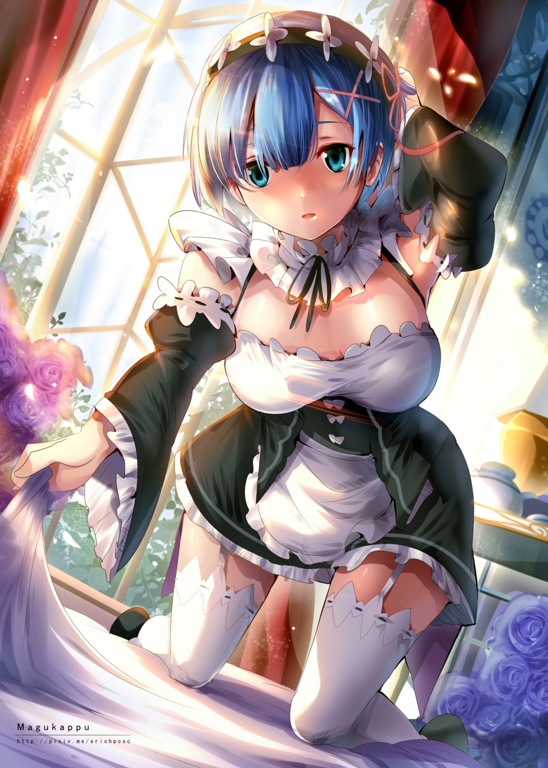 cleavage maid re_zero_kara_hajimeru_isekai_seikatsu rem_(re_zero) stockings thighhighs umakatsuhai