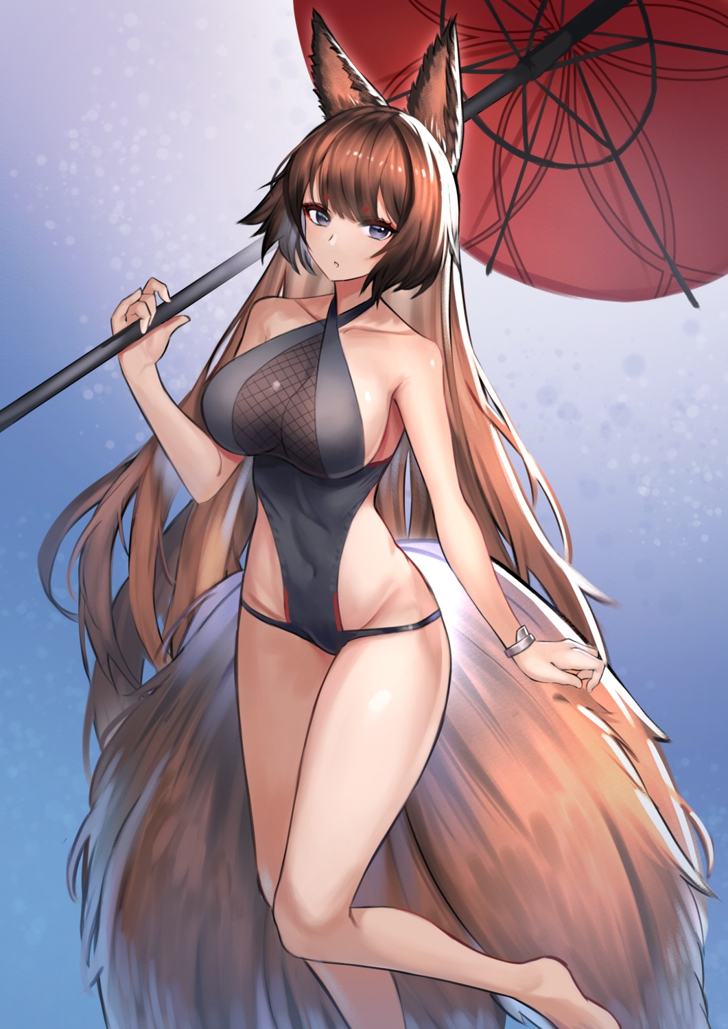 amagi_(azur_lane) animal_ears azur_lane kitsune lordol see_through swimsuits tail umbrella