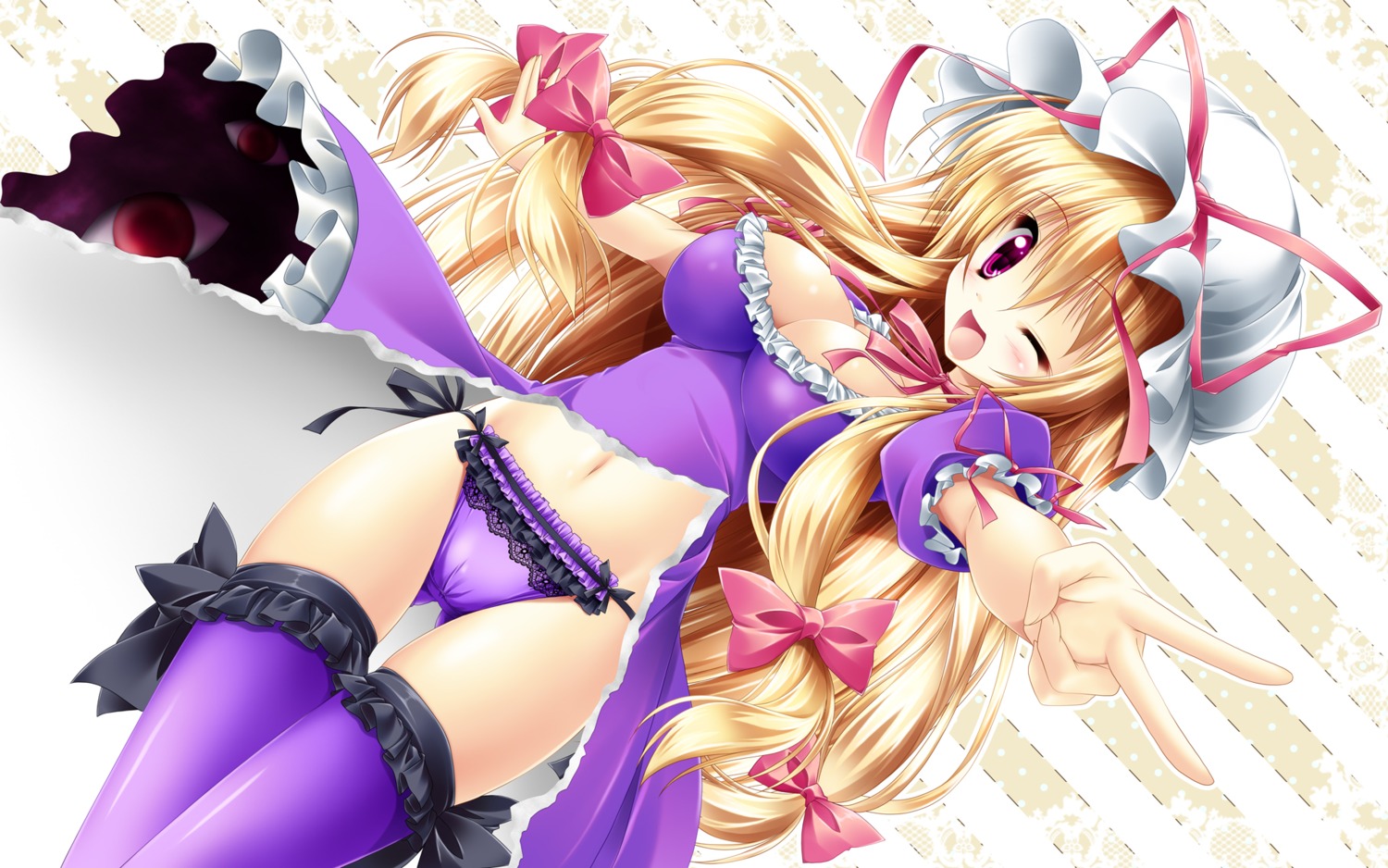 cleavage dress kamiya_tomoe pantsu string_panties thighhighs touhou wallpaper yakumo_yukari