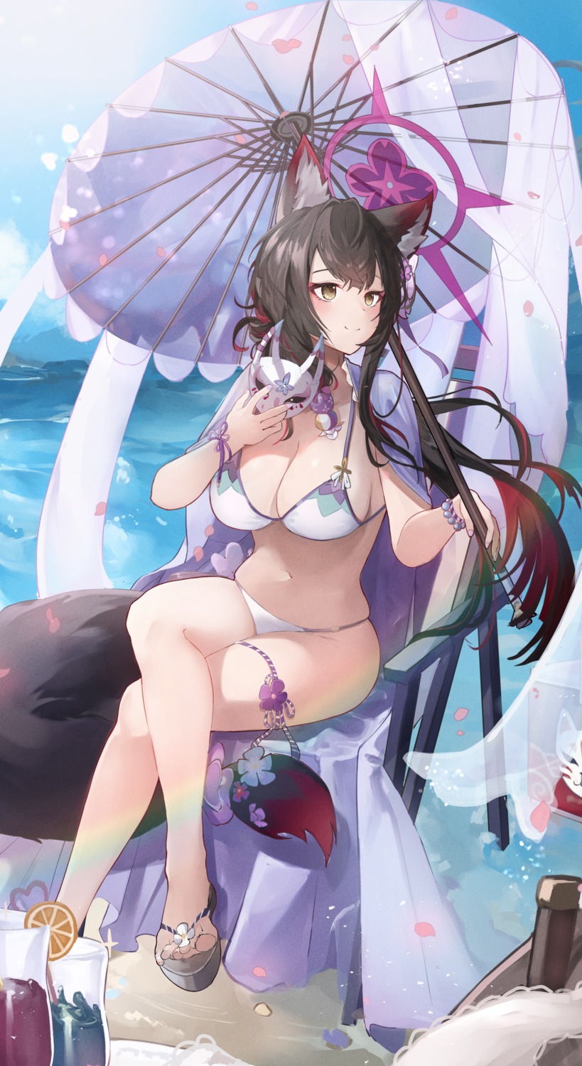 animal_ears bikini blue_archive halo kitsune kosaka_wakamo megu_(pixiv9460065) swimsuits tail umbrella