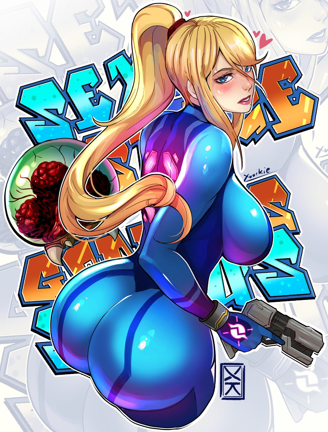 ass bodysuit gun metroid samus_aran xuuikie_ashe