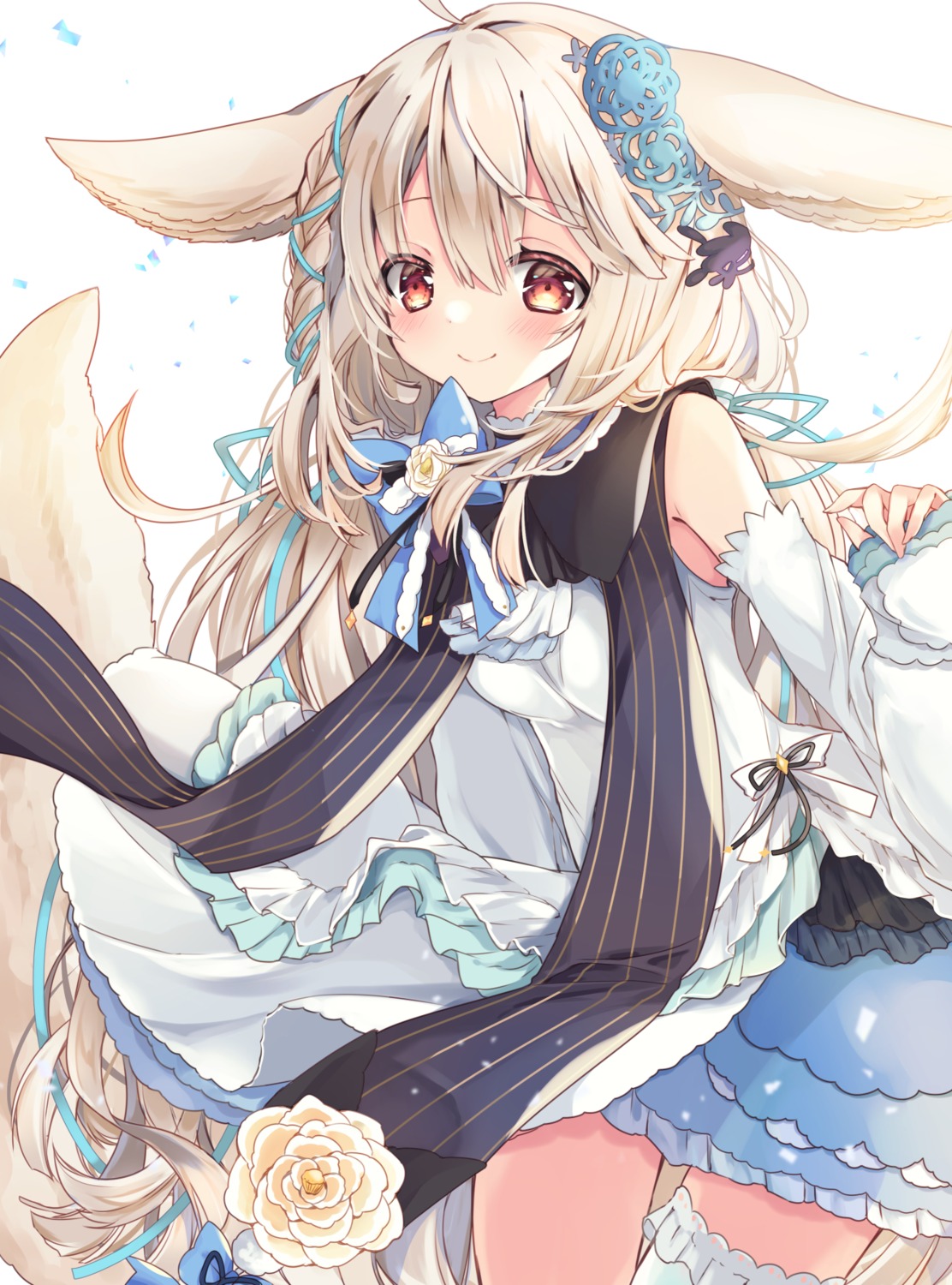 animal_ears dress indie_virtual_youtuber kasane_(sanelta) sakurada_shiro skirt_lift tail thighhighs