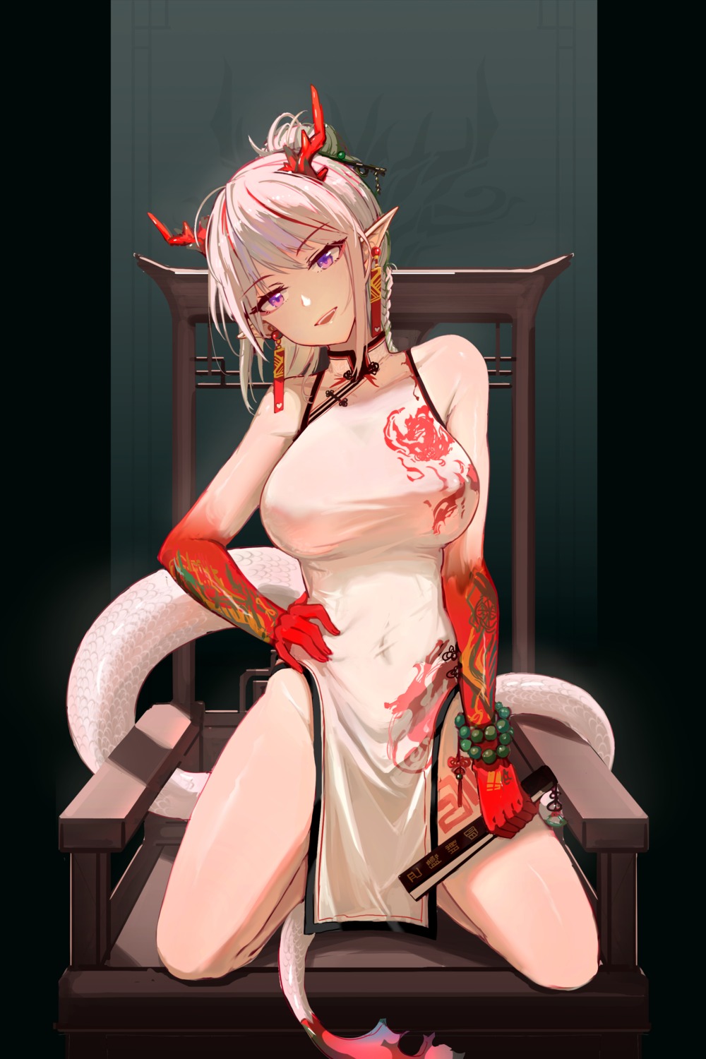 arknights chinadress erect_nipples horns jason_dai nian_(arknights) panana pointy_ears tail