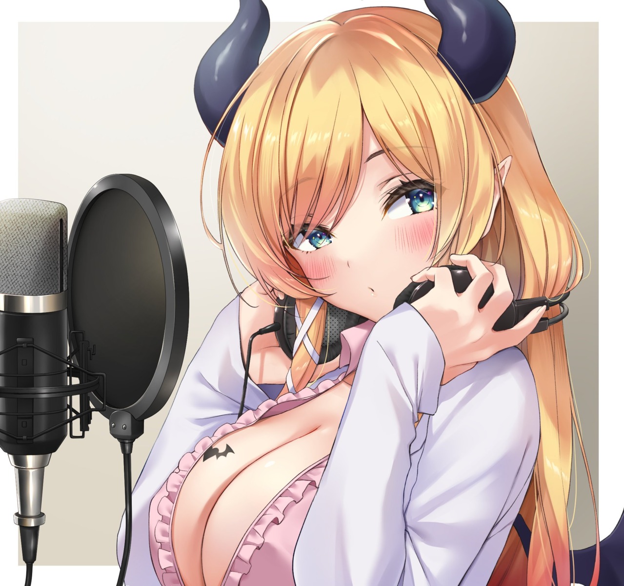 cleavage headphones hololive horns makinan no_bra open_shirt pointy_ears tattoo yuzuki_choco