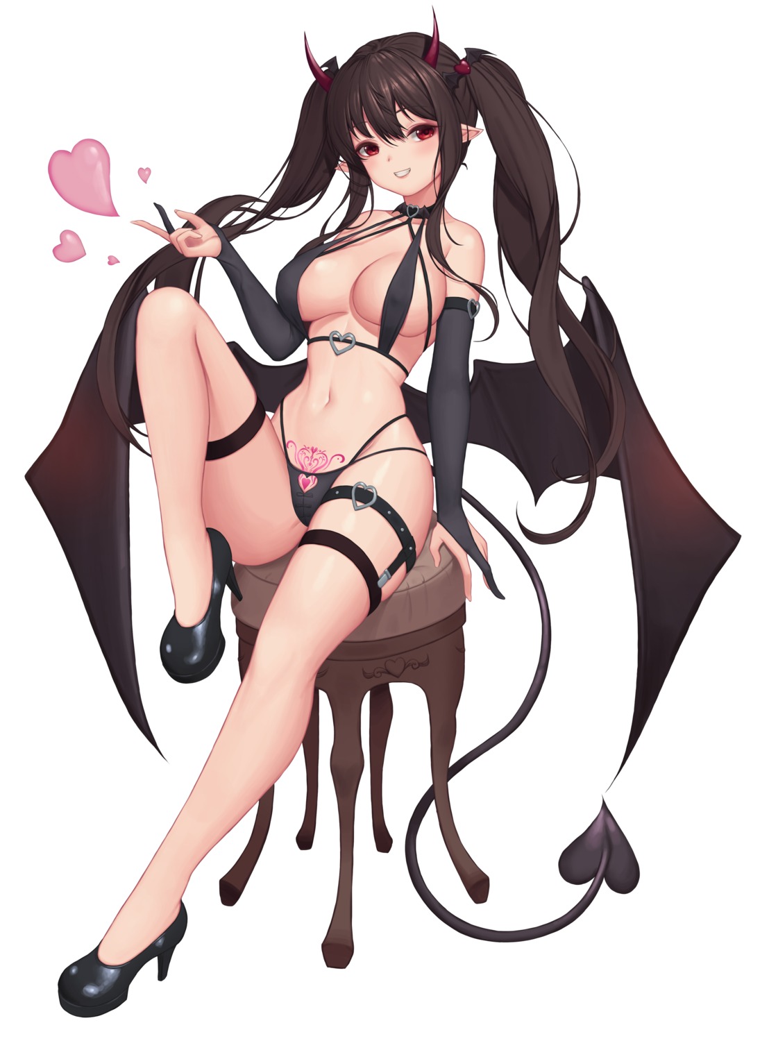 baeg_mi bikini erect_nipples garter heels horns pointy_ears swimsuits tail tattoo wings