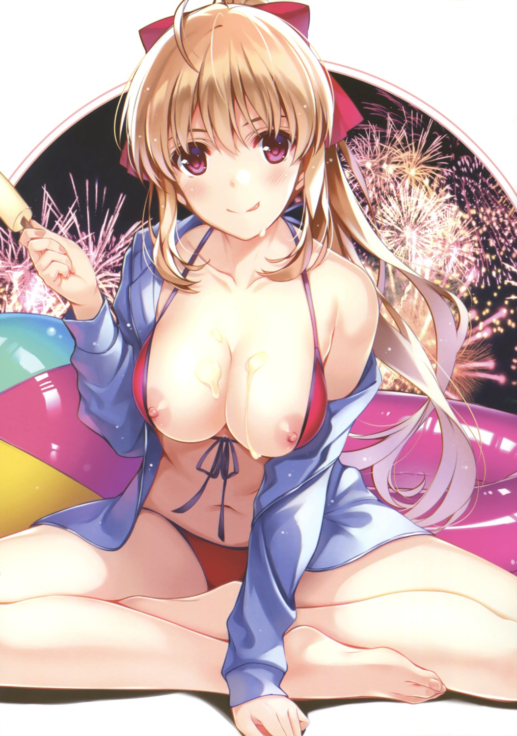 bikini breasts comic_aun cream feet misaki_kurehito mizuhara_erika nipples open_shirt swimsuits