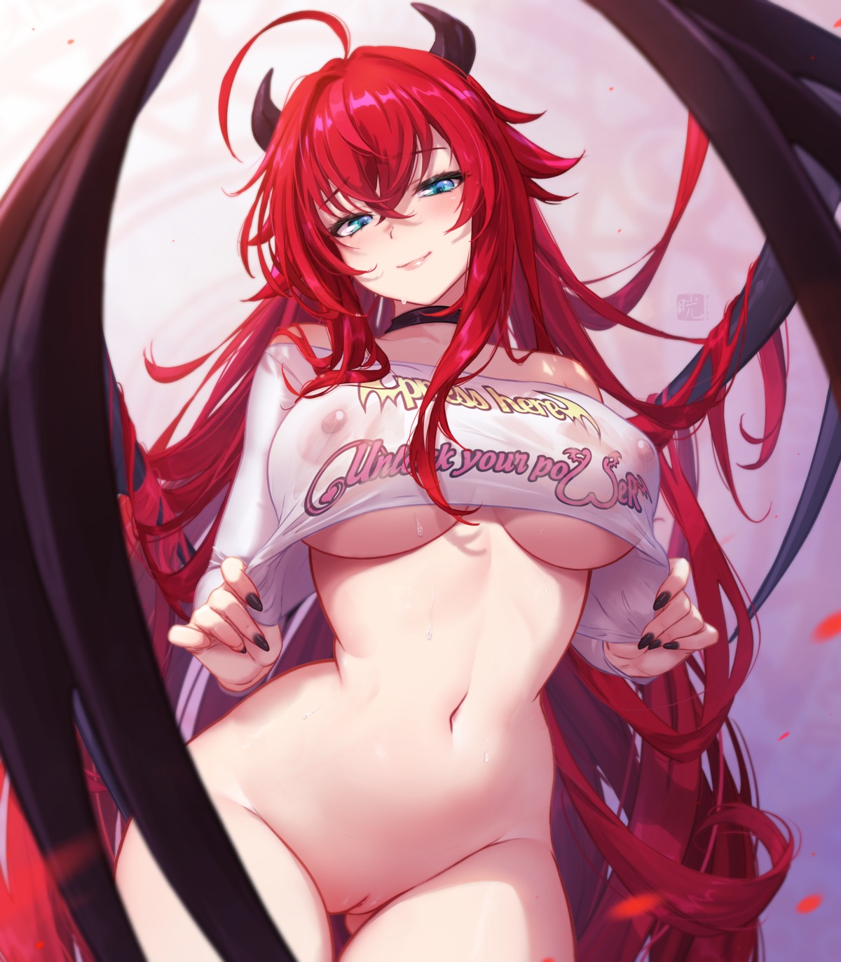 bottomless highschool_dxd horns mitsu_(mitsu_art) nipples no_bra pussy rias_gremory see_through underboob wings