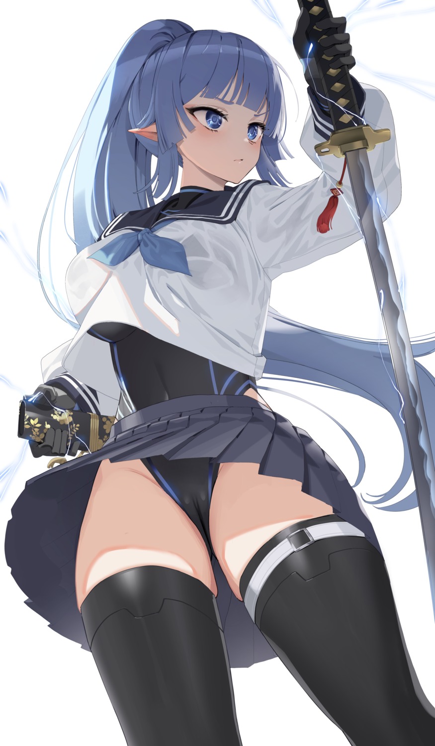 cameltoe character_pria garter goback pointy_ears seifuku skirt_lift swimsuits sword thighhighs