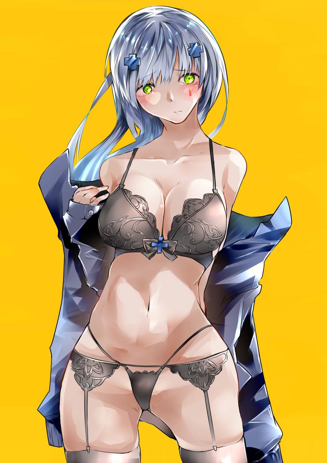 bra cleavage garter garter_belt girls_frontline hk416_(girls_frontline) kyoyakyo lingerie open_shirt pantsu stockings thighhighs