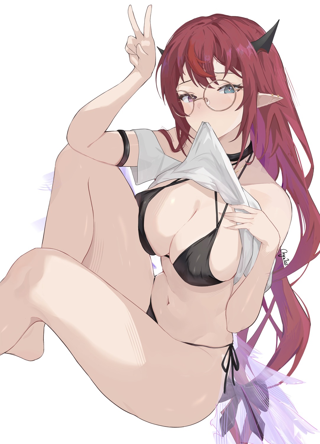 bikini chyraliss erect_nipples heterochromia hololive hololive_english horns irys_(hololive) megane pointy_ears shirt_lift swimsuits undressing