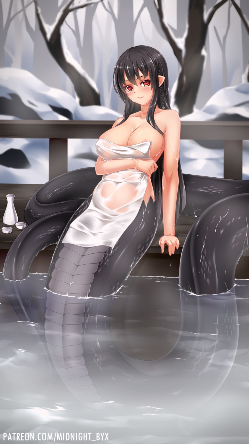 areola midnight monster_girl naked onsen pointy_ears sake see_through tail towel wet
