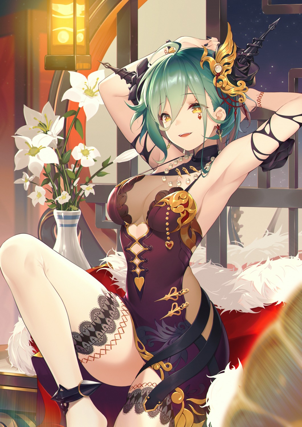 asian_clothes horns jiusan_naitan no_bra see_through skirt_lift tattoo thighhighs