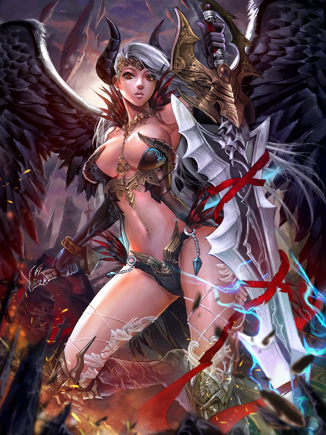 armor bikini_armor cleavage horns ken_(artist) sword thighhighs wings