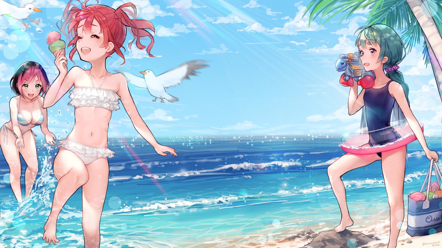 aiko_(osu!) bikini cleavage mocha_(osu!) osu! pippi_(osu!) school_swimsuit sunako_(veera) swimsuits wet