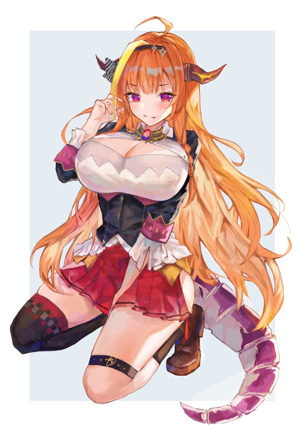 cleavage fang_qiao garter hololive horns kiryuu_coco tail thighhighs