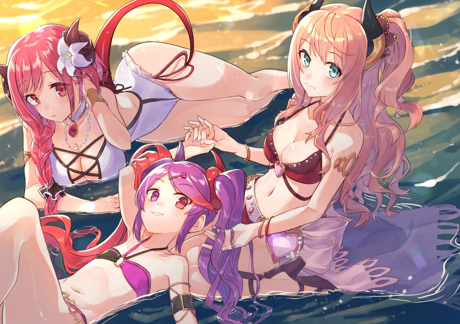 bikini cleavage hasekura_io heels horns princess_connect princess_connect!_re:dive sho_bu_1116 suzuna_(princess_connect) swimsuits tail tamaizumi_misaki wet