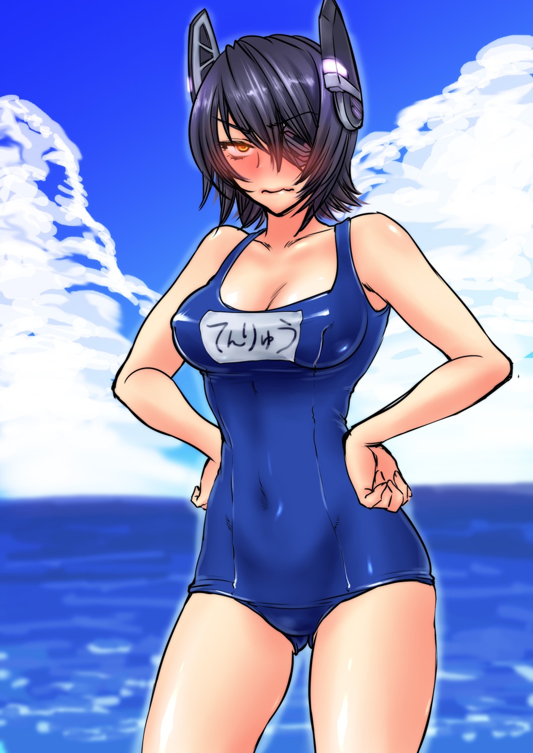 cleavage eyepatch kantai_collection school_swimsuit shoukaki swimsuits tenryuu_(kancolle)