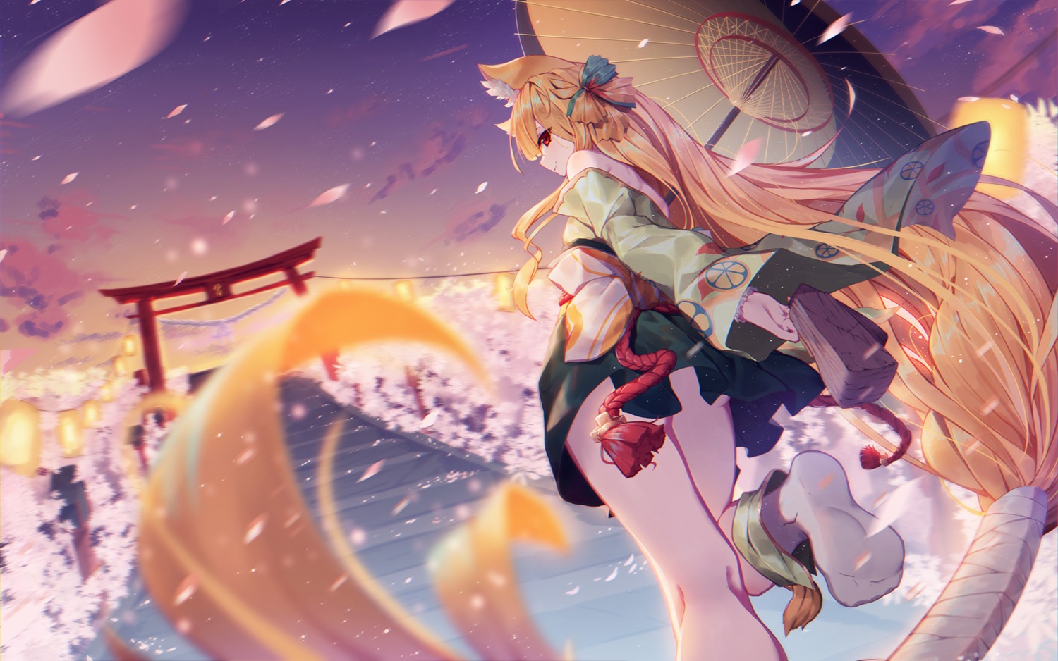 animal_ears asa_ni_haru feet japanese_clothes sdorica_-sunset- tail umbrella