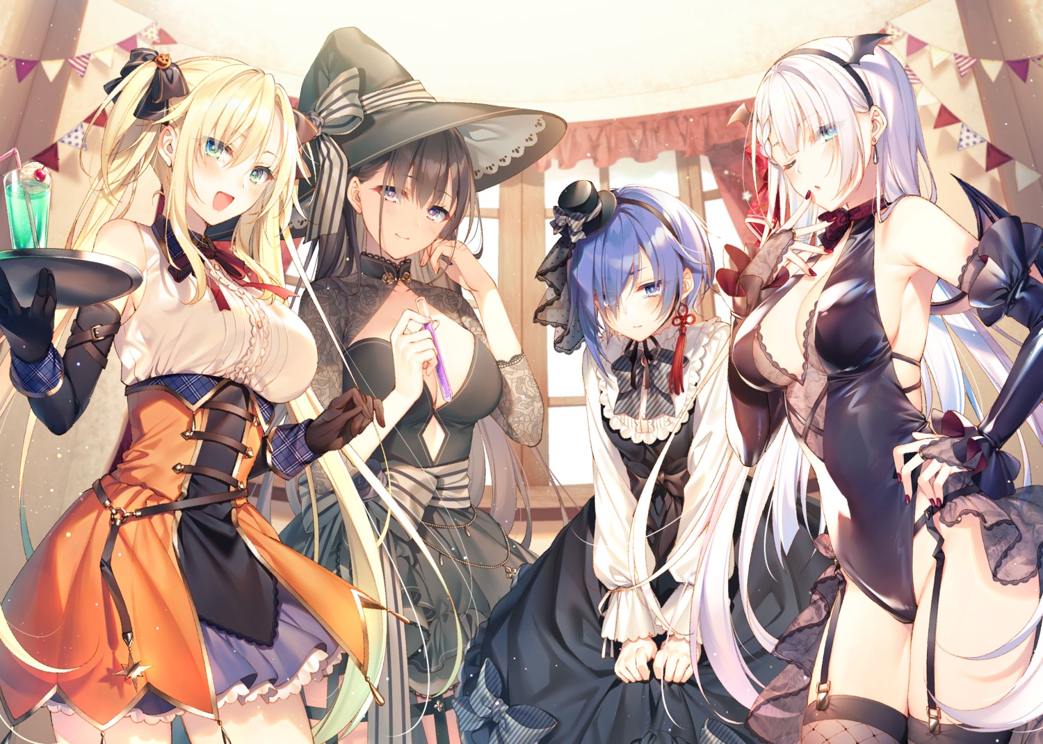 cleavage dress elfiné_phillet fishnets halloween leotard no_bra regina_mercedes riselia_ray_crystalia sakuya_sieglinde see_through seiken_gakuin_no_maken_tsukai stockings thighhighs toosaka_asagi wings witch