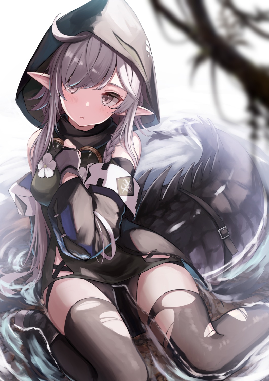 arknights knoy3356 pointy_ears tail thighhighs tomimi_(arknights) torn_clothes wet