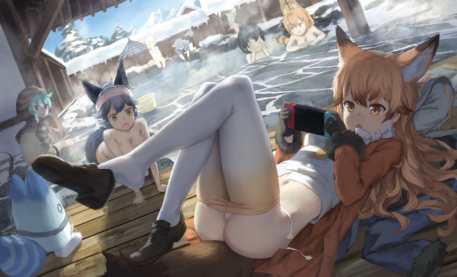 animal_ears bathing cameltoe cleavage common_raccoon ezo_red_fox fennec_(kemono_friends) hankon kaban_(kemono_friends) kemono_friends lucky_beast naked onsen pantsu sand_cat serval silver_fox string_panties tail towel tsuchinoko_(kemono_friends)