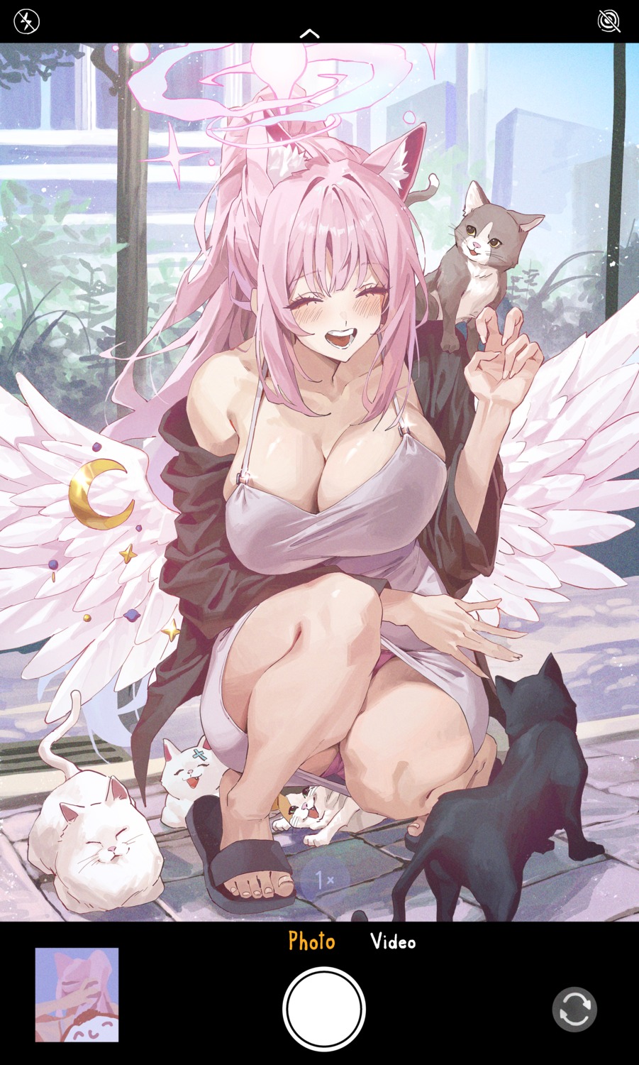 angel animal_ears blue_archive dress misono_mika neko nekomimi netural no_bra pantsu skirt_lift wings