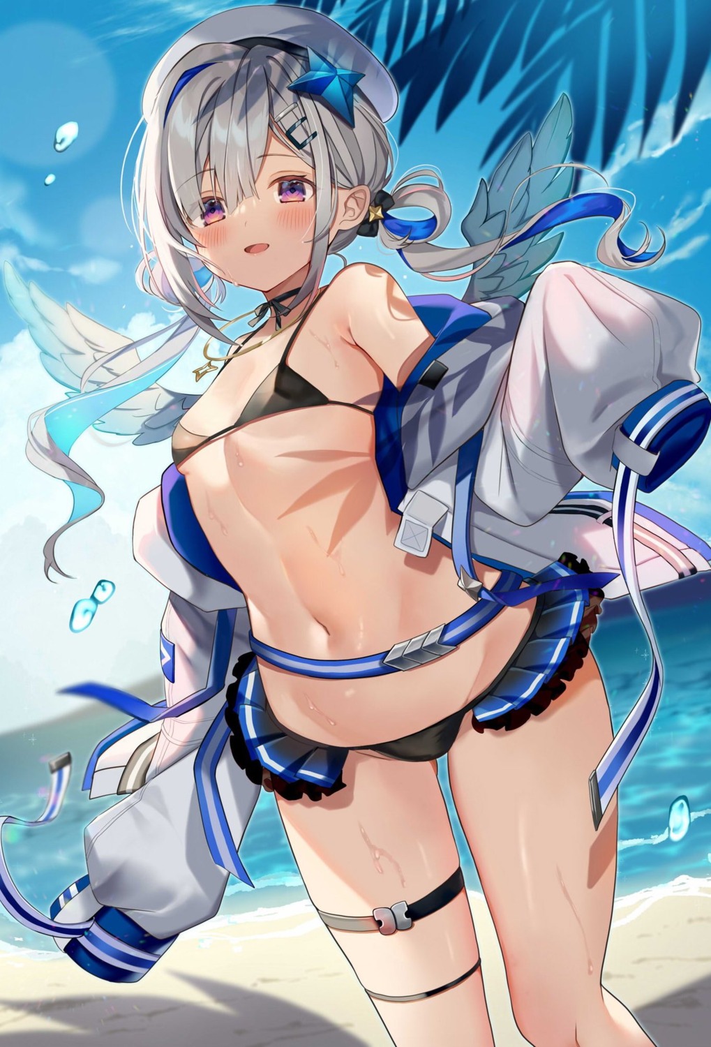 amane_kanata bikini erect_nipples garter hololive open_shirt satoupote swimsuits wet wings