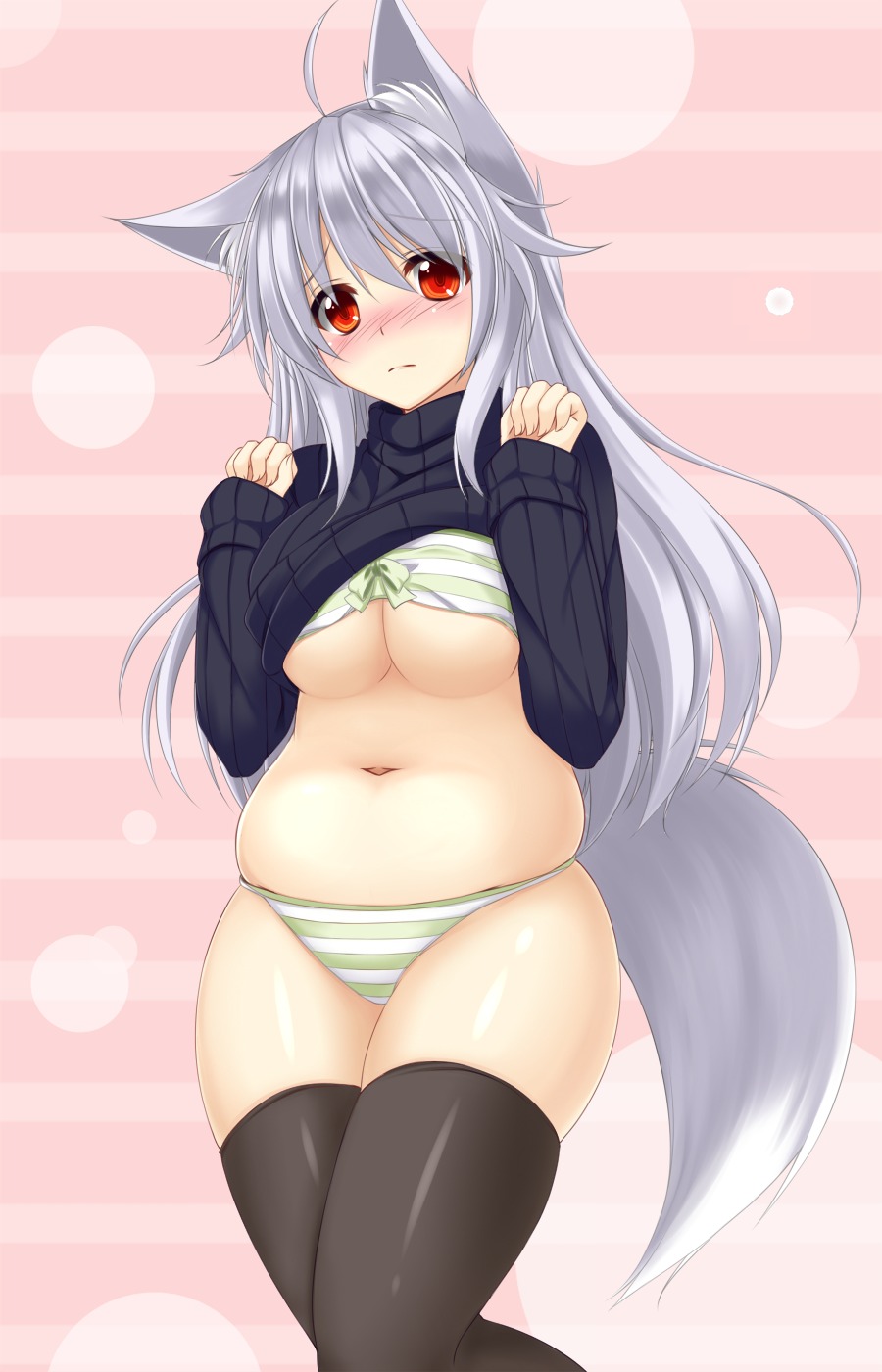 animal_ears kitsune pantsu shimapan shirt_lift sogaya tail thighhighs underboob