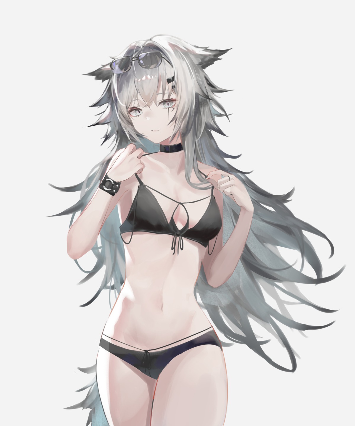 animal_ears arknights bikini jenmin12 lappland_(arknights) megane swimsuits tail undressing