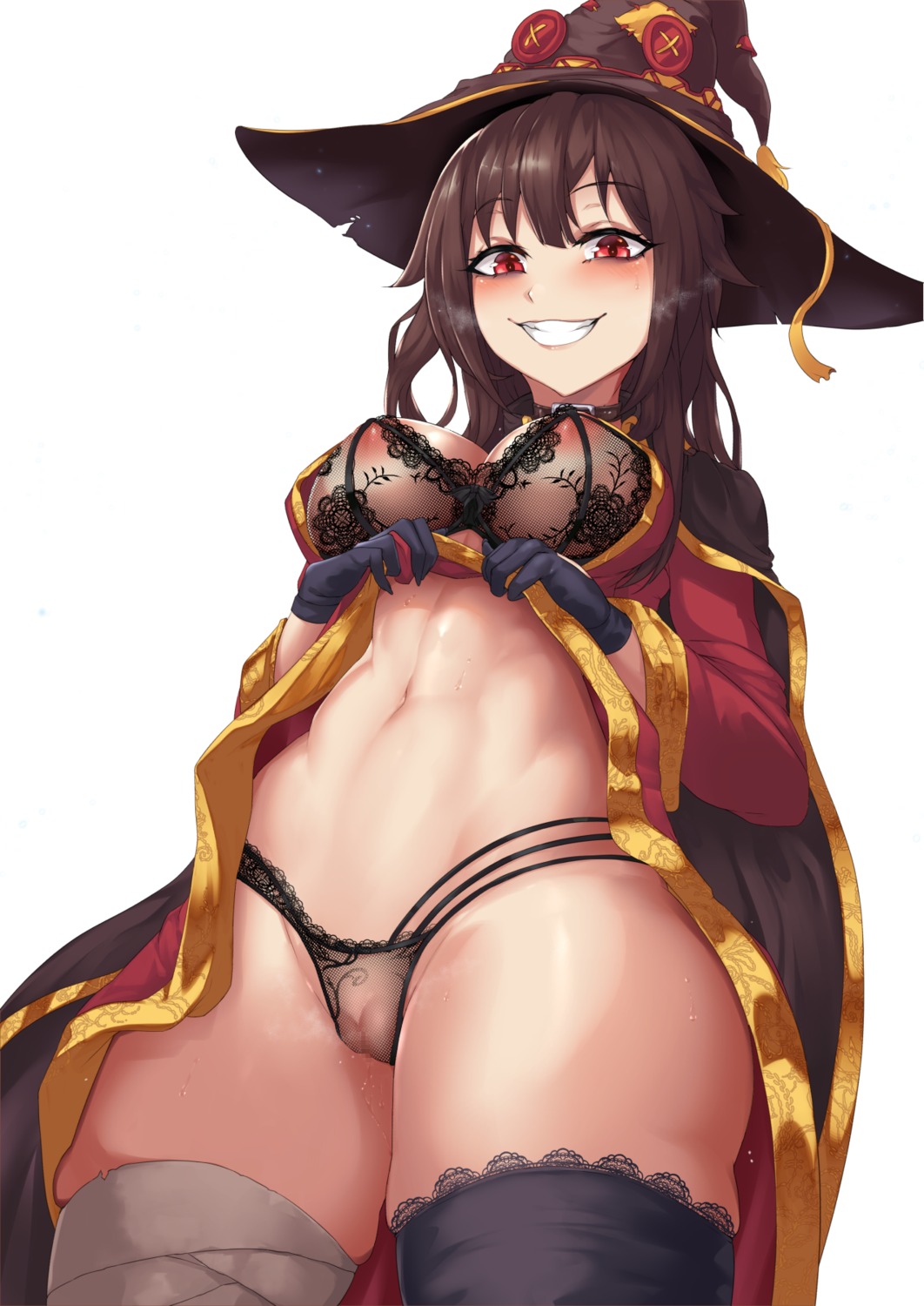 areola bandages bra censored dress hessra kono_subarashii_sekai_ni_shukufuku_wo! lingerie megumin open_shirt pantsu pussy pussy_juice see_through skirt_lift thighhighs witch