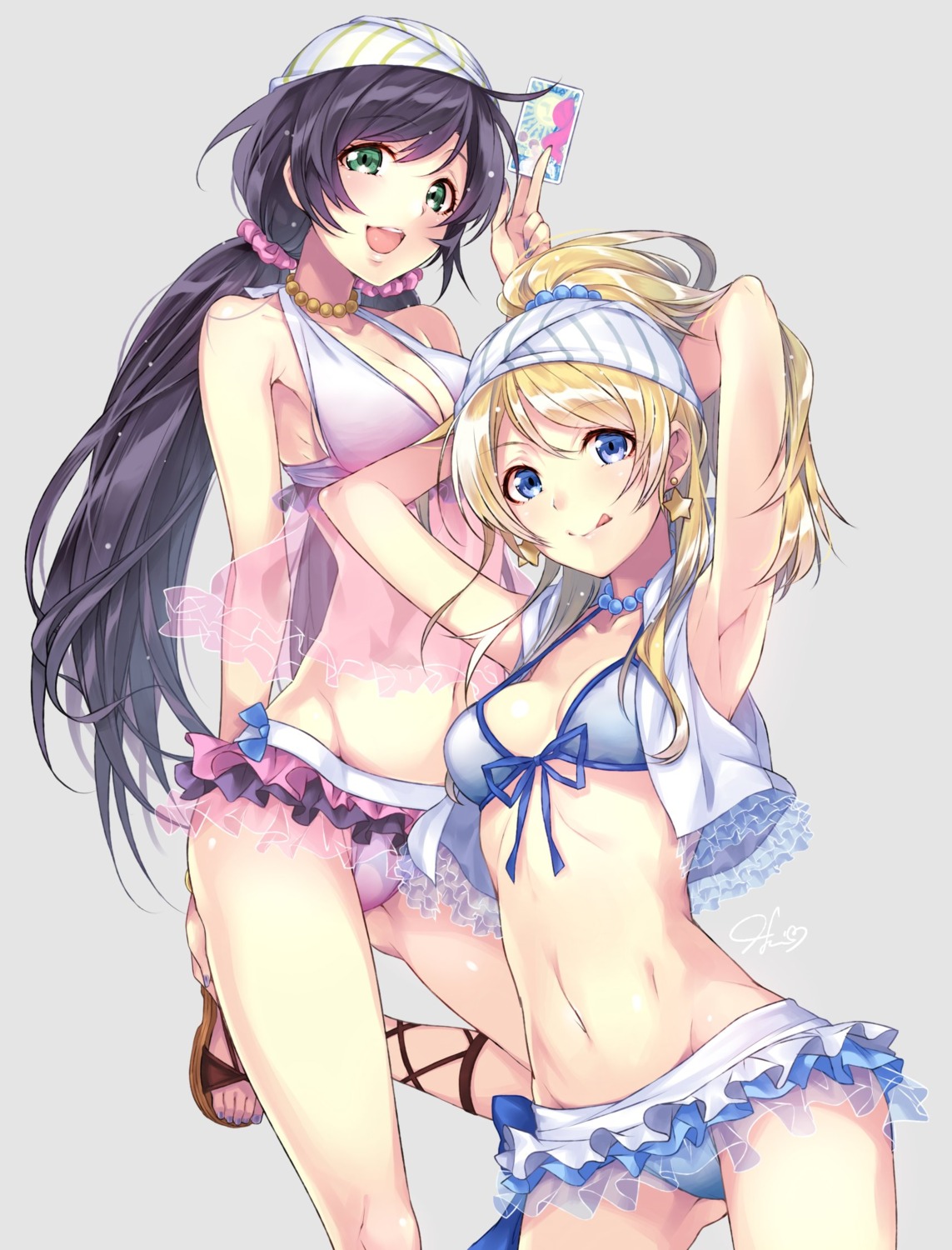 ayase_eli bikini cleavage hario love_live! love_live!_(series) open_shirt see_through swimsuits toujou_nozomi