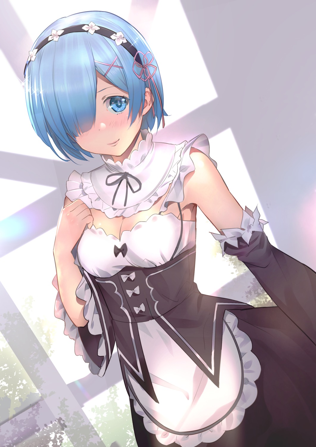 akechi_shizuku cleavage maid re_zero_kara_hajimeru_isekai_seikatsu rem_(re_zero)