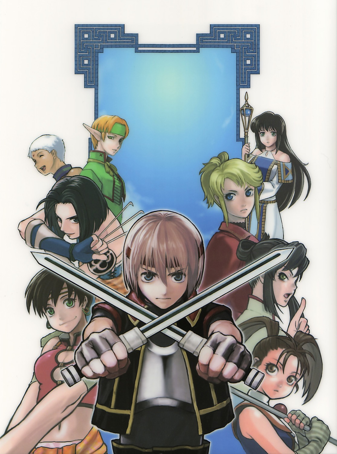 agnes_(suikoden) armor cleavage elf flare_en_kuldes jewel_(suikoden) kawano_junko lazlo_en_kuldes mitsuba_(suikoden) mizuki_(suikoden) paula_(suikoden) pointy_ears rita_(suikoden) suikoden suikoden_iv sword viki