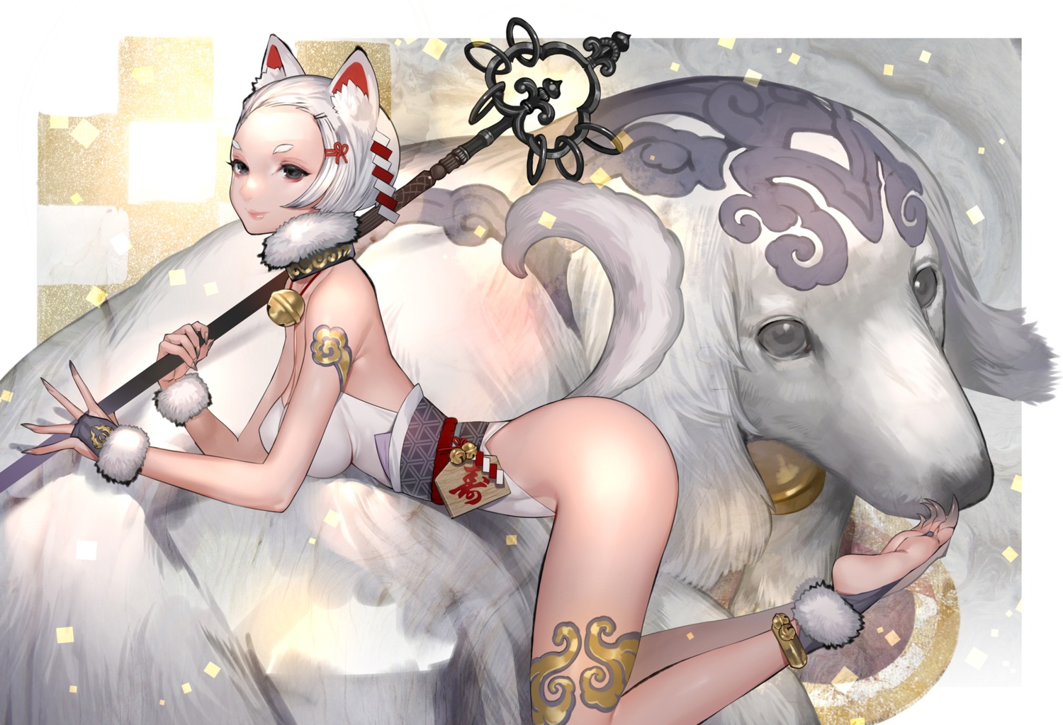 animal_ears hitowa inumimi japanese_clothes leotard tail weapon