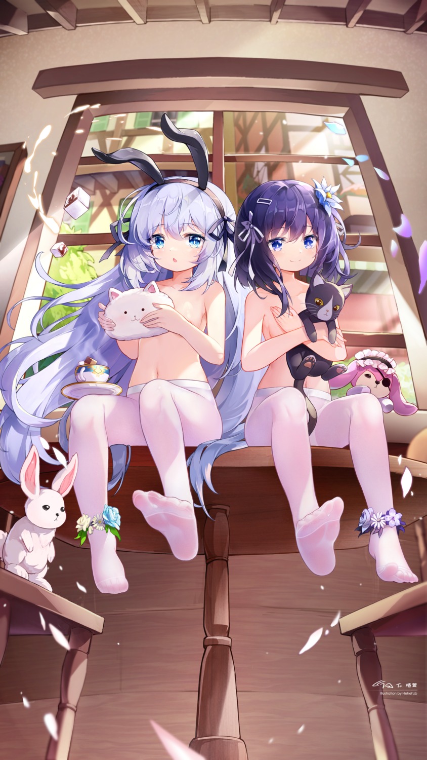 animal_ears bunny_ears eyepatch feet fuiba_fuyu gochuumon_wa_usagi_desu_ka? hehehzb kafuu_chino loli neko pantyhose tippy_(gochuumon_wa_usagi_desu_ka?) topless