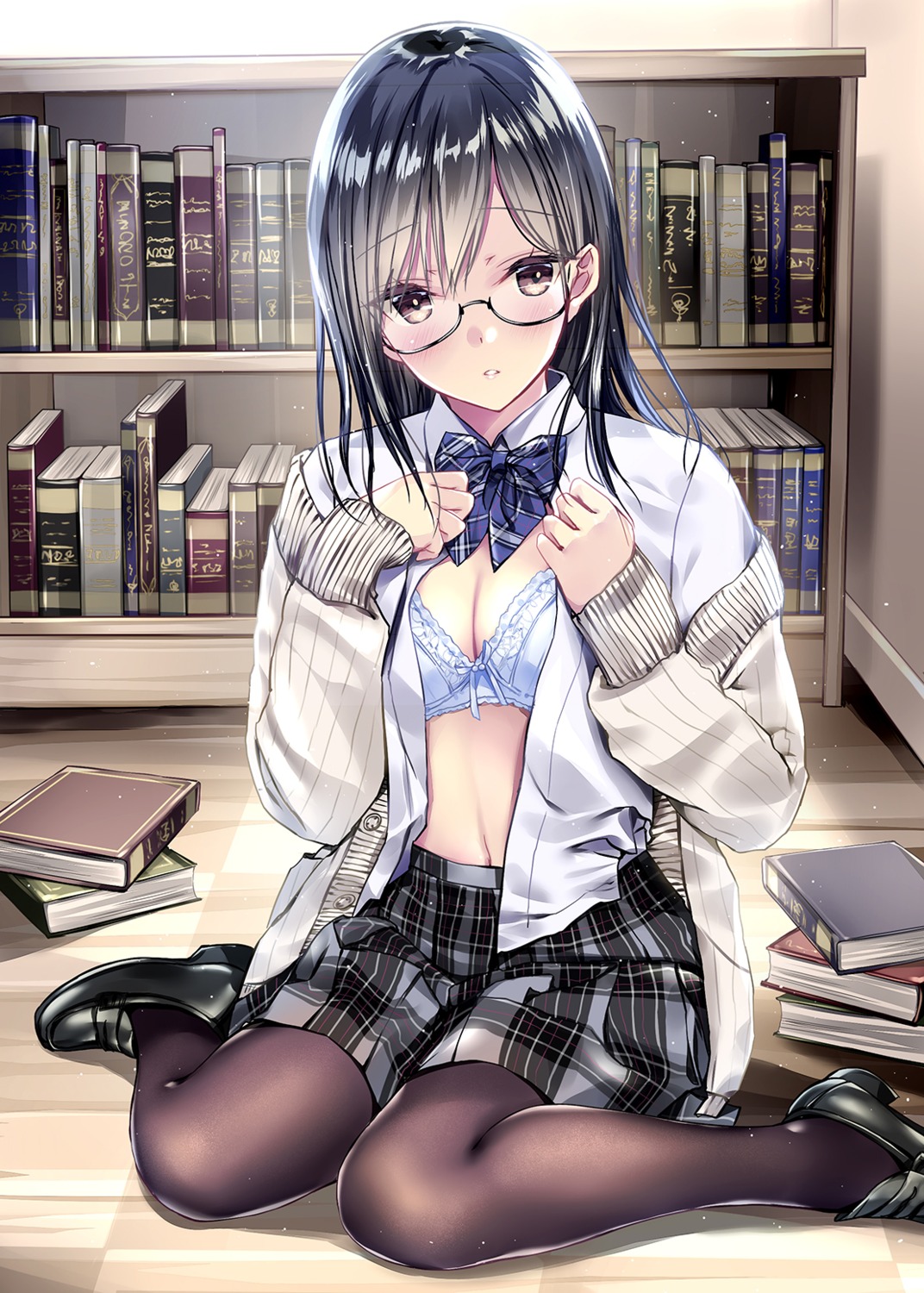 bra cleavage kobayashi_chisato megane open_shirt pantyhose seifuku sweater