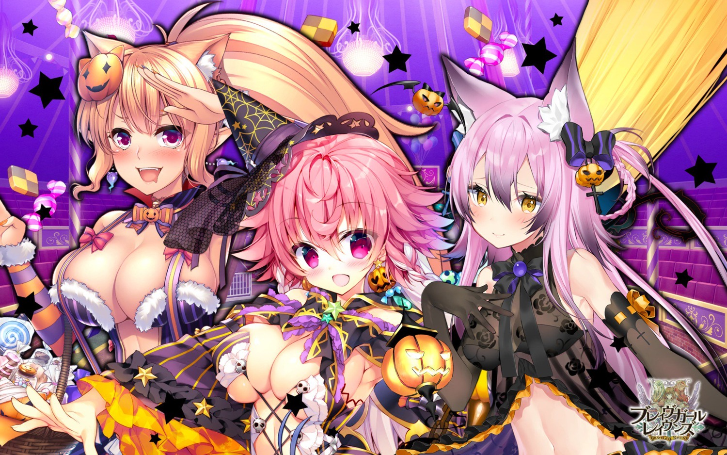 akatsuki_rabbit animal_ears brave_girl_ravens cleavage halloween no_bra satsuki_misuzu see_through tsukimiya_sei wallpaper