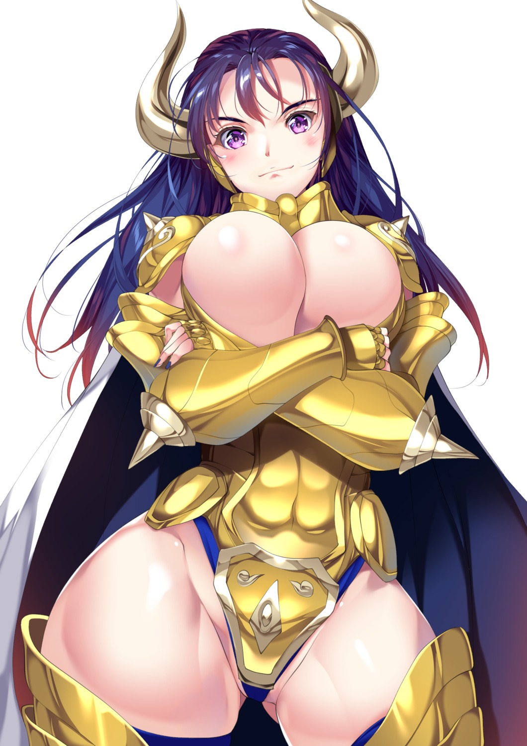 armor breast_hold breasts horns no_bra tagme thighhighs