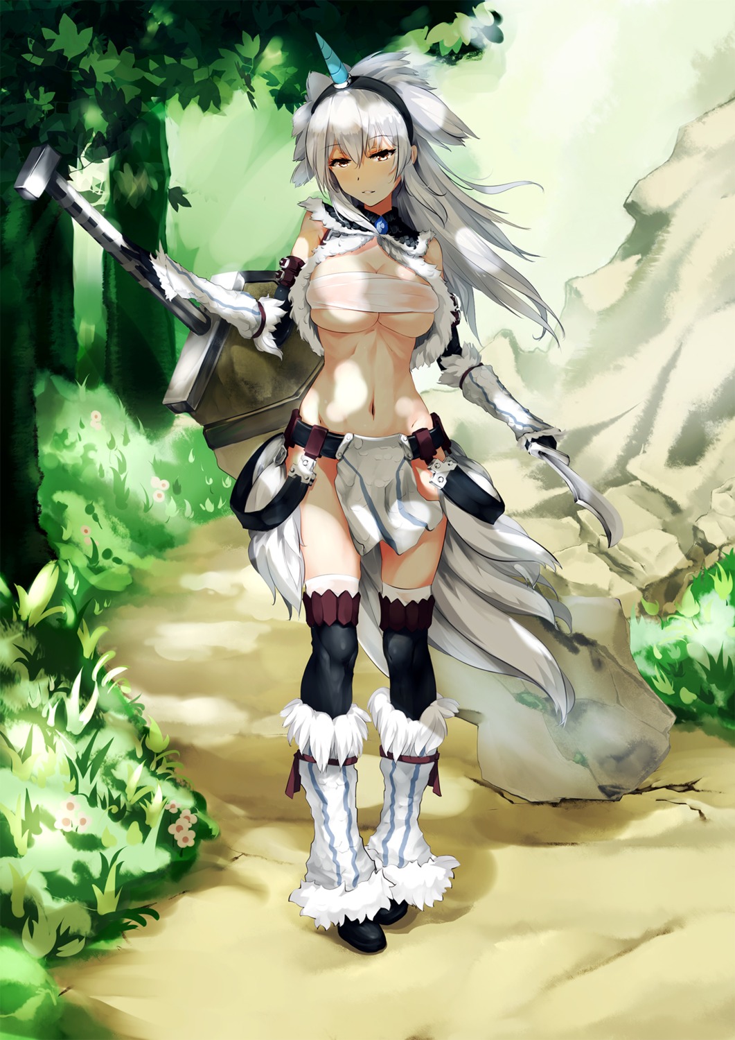 cleavage grandgua horns kirin_(armor) monster_hunter open_shirt sarashi see_through sword thighhighs underboob
