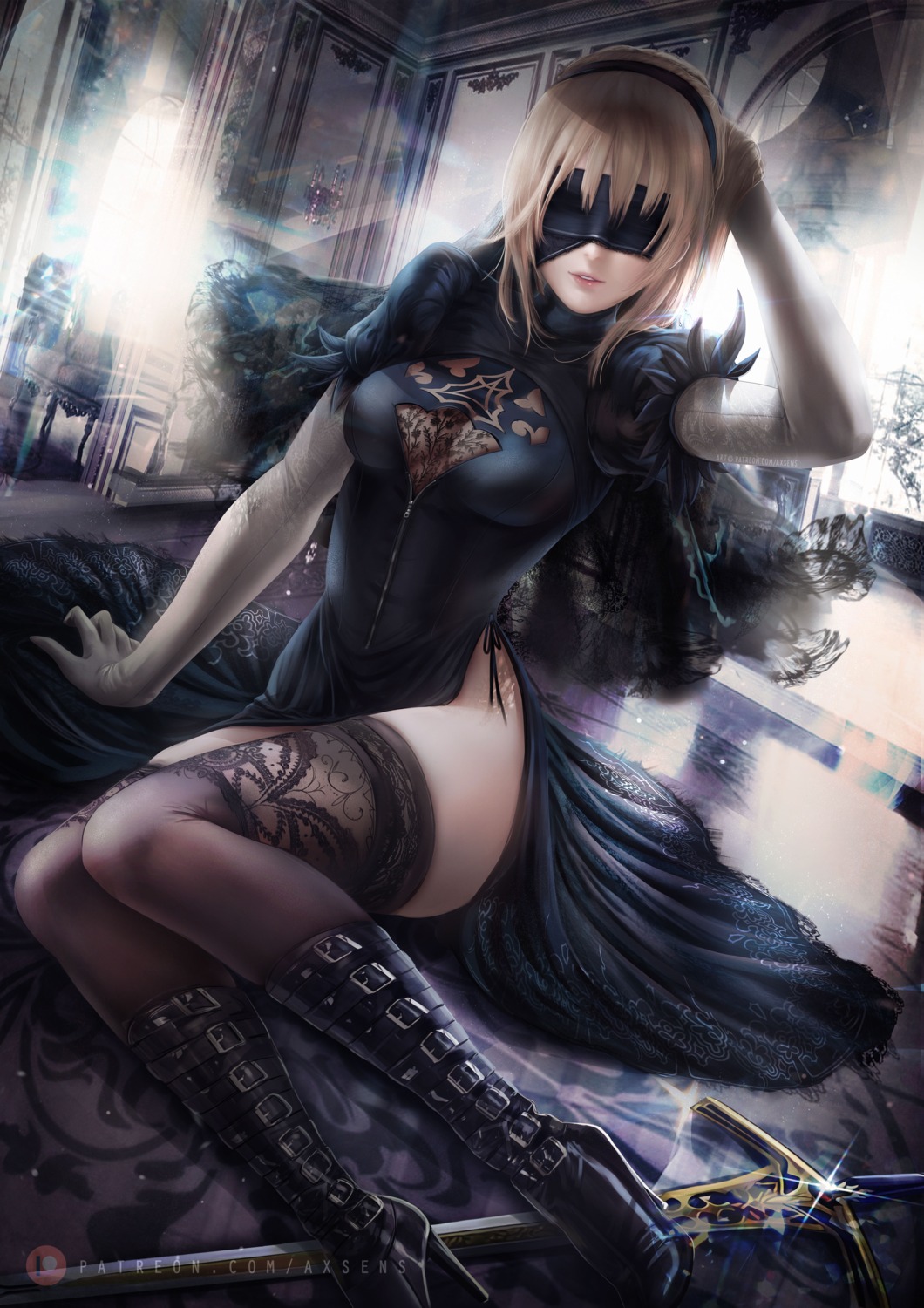 axsens dress fate/grand_order heels no_bra nopan saber see_through skirt_lift sword thighhighs